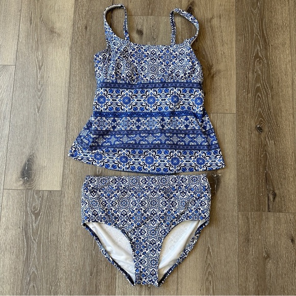 Lands End Blue Paisley Tankini Swim Suit Size 10 Blue White European Summer - Picture 1 of 12